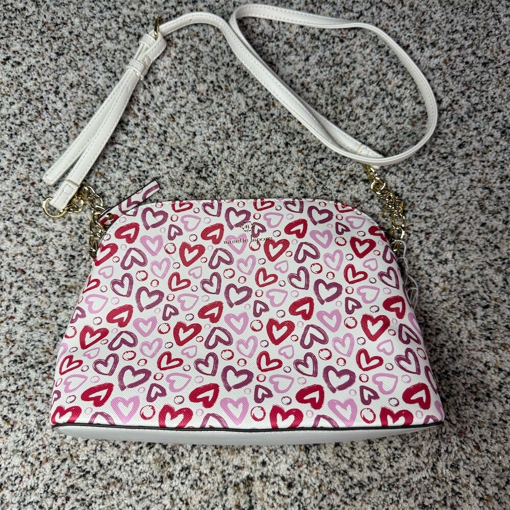 Nanette Lepore Crossbody Bag Purse Small White Pink Heart Print Gold Chain